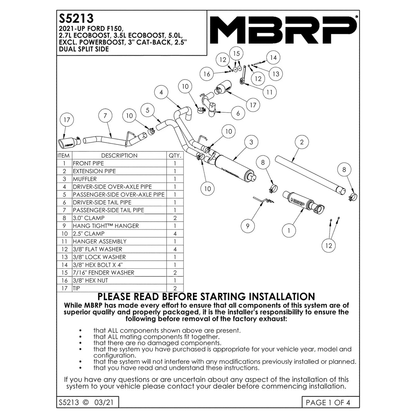 MBRP 2021+ Ford F-150 5.0L/3.5L/ 2.7L Ecoboost 3in Cat Back 2.5in Dual Split Exit T409 Exhaust