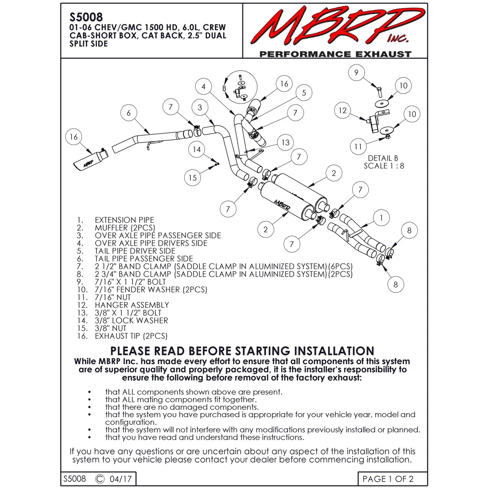 MBRP 2003-2007 Chev/GMC 1500 HD Classic 6.0L CC-SB Cat Back Dual Split Side