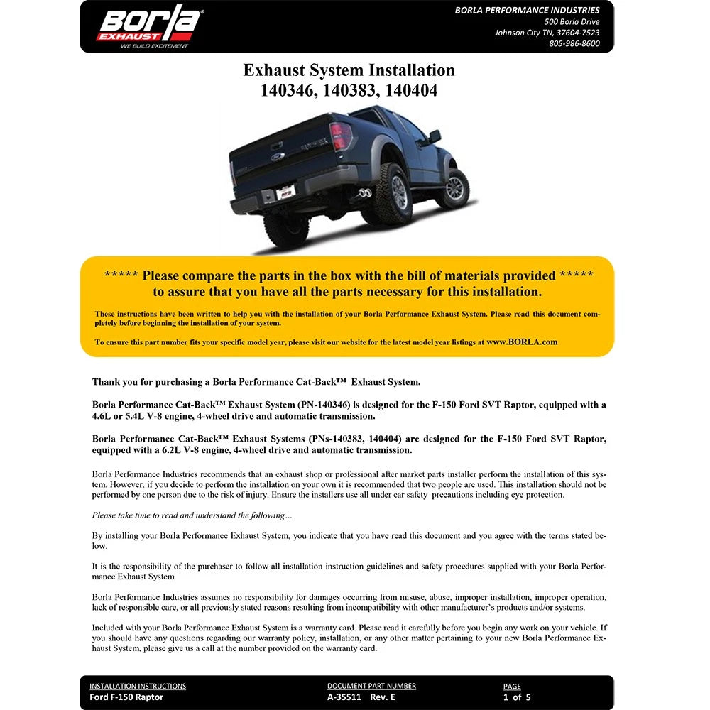 Borla 10-12 Ford F-150 Raptor 6.2L V8 2/4WD AT Touring SS Catback Exhaust