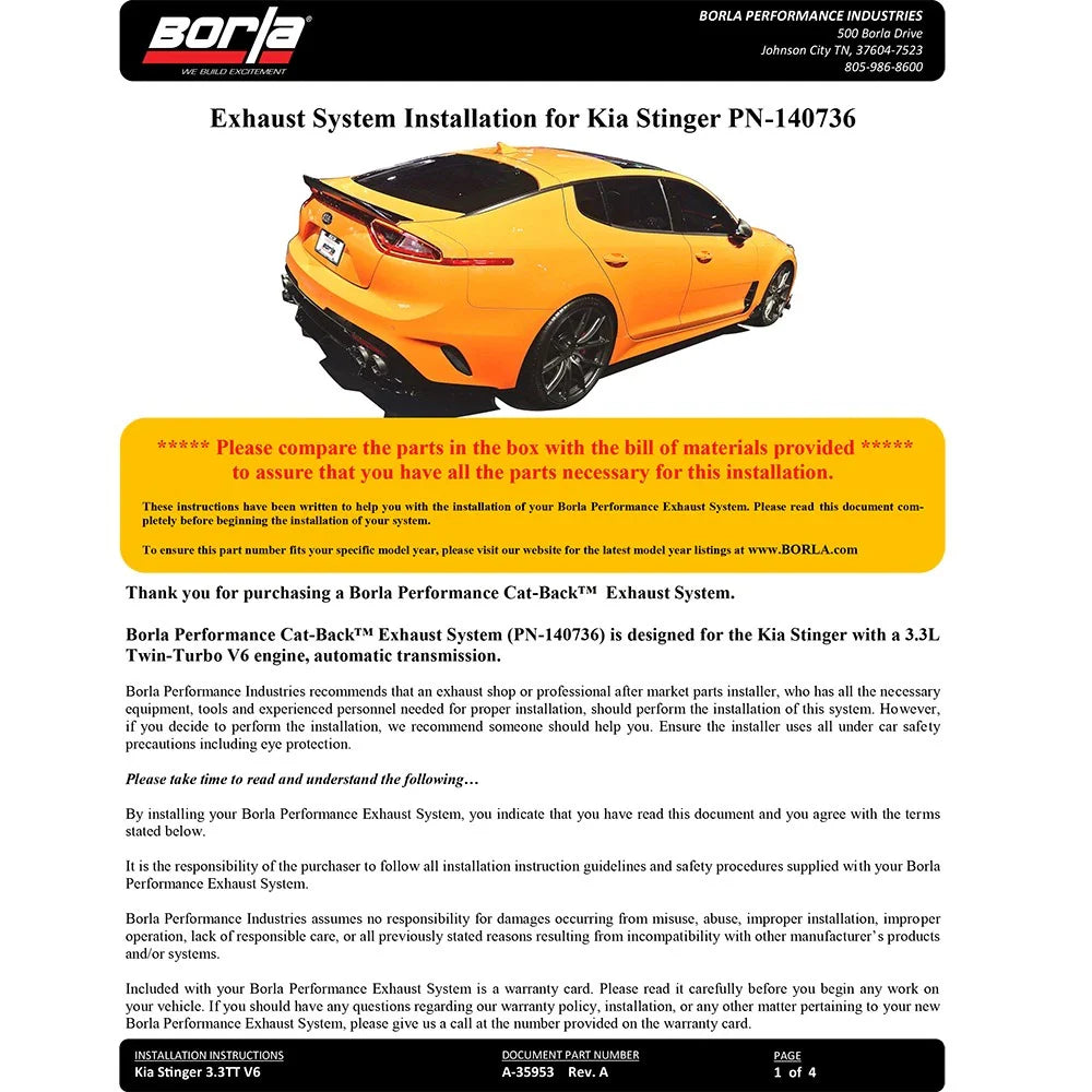 Borla 2018 Kia Stinger 3.3L V6 Turbo 2.25in Pipe Dia Dual Split Rear Exit S-Type Cat-Back Exhaust