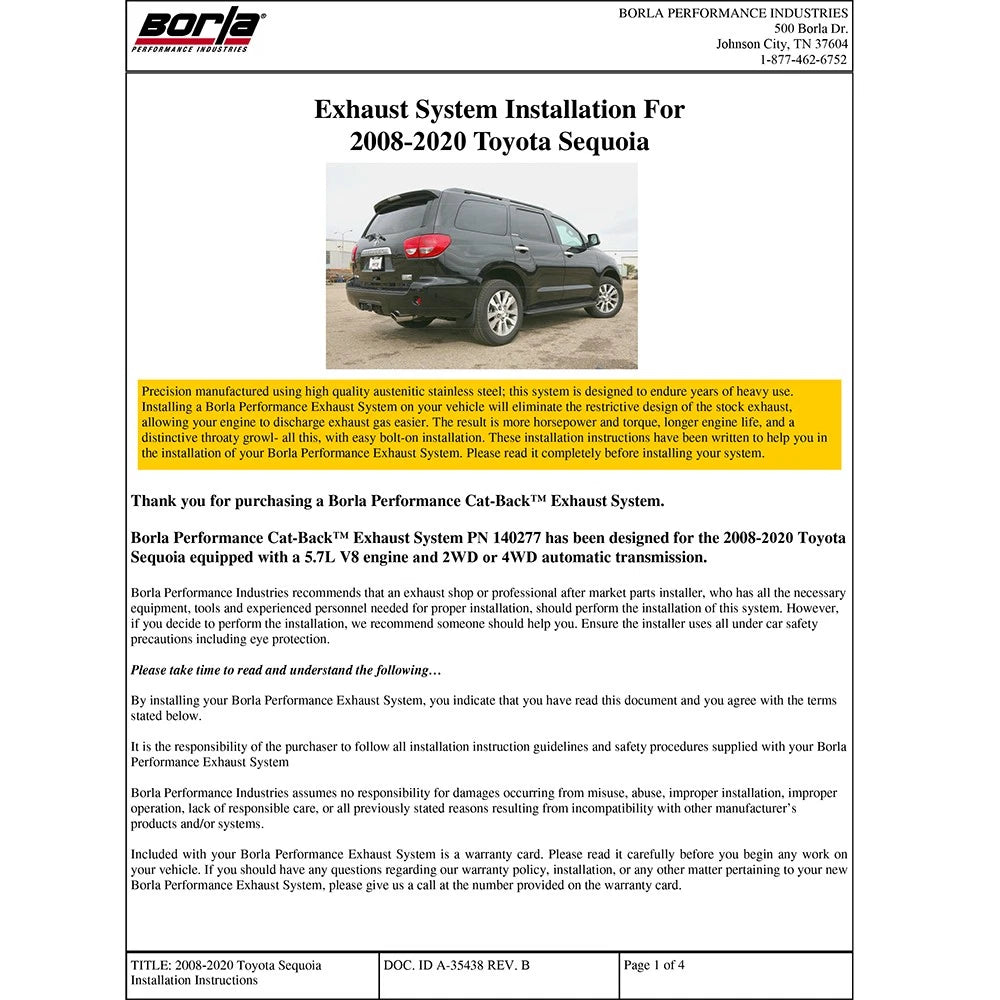 Borla 08-12 Toyota Sequoia SR5/Platinum/Ltd 5.7L 8cyl AT 6spd RWD/4WD SS Catback Exhaust