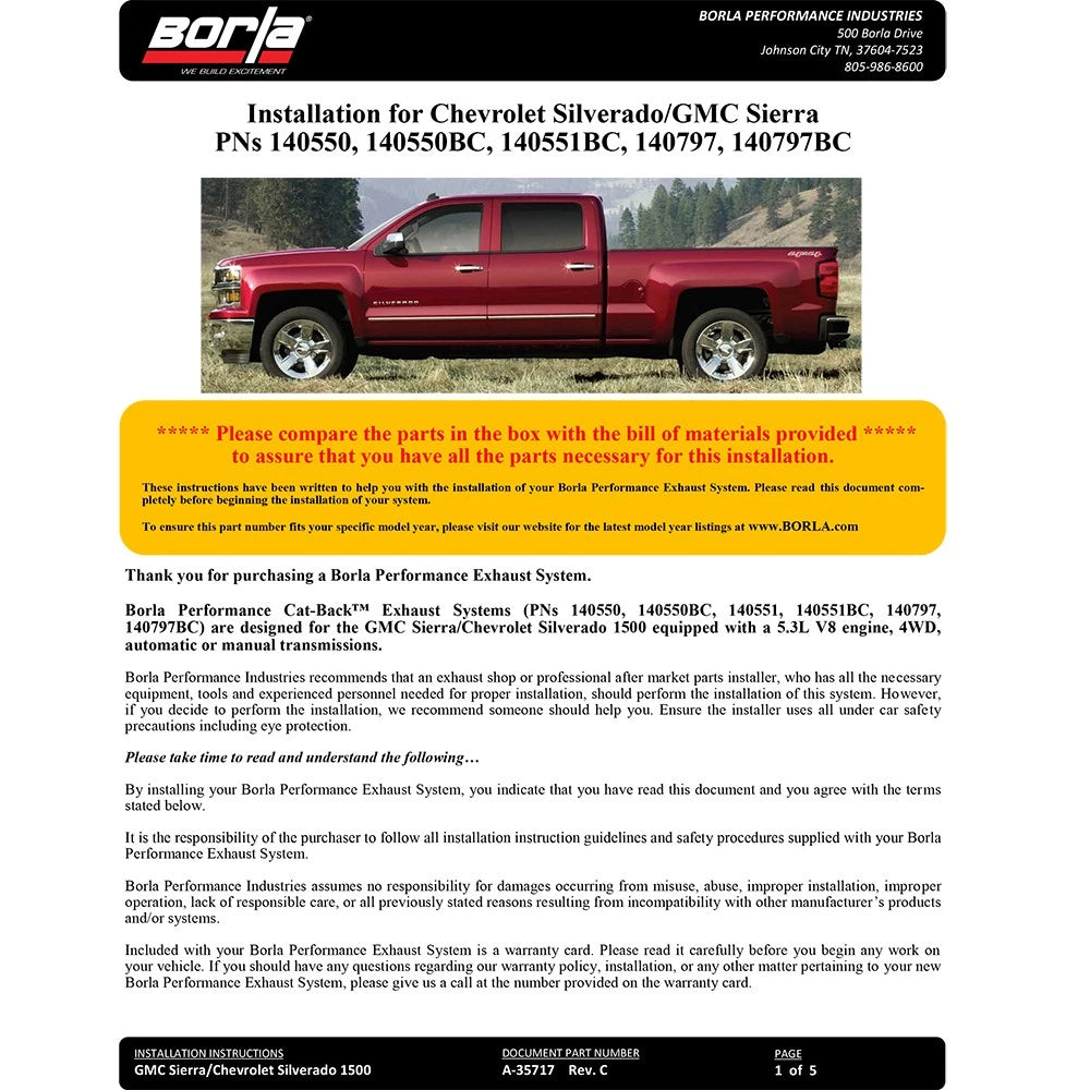 Borla 14-18 Silv/Sierra C/B Exh ATAK 1500 5.3L V8 Ext Cab(78.7) Crew Cab(69.3) 143.5 WB Black Chrome