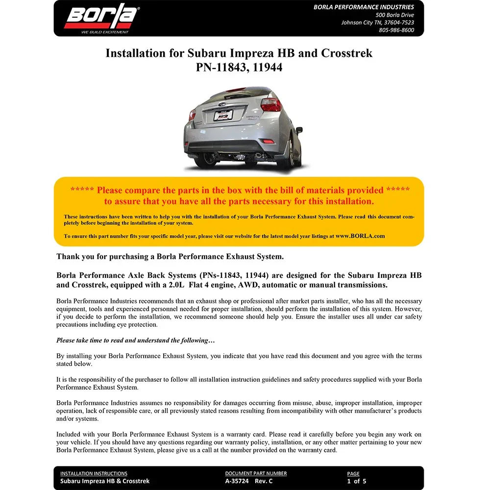 Borla 2017 Subaru Impreza AT/MT 2.0L AWD 5DR Hatch 2in SS S-Type Rear Section Exhaust
