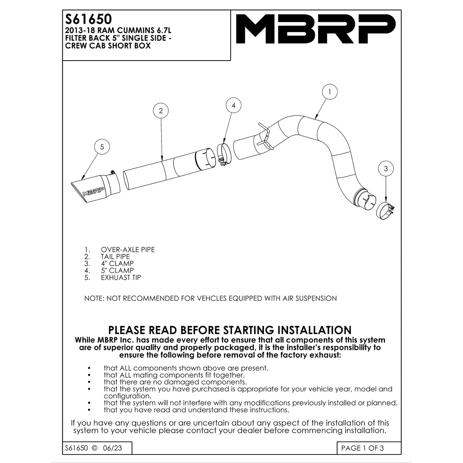 MBRP 13-14 Dodge Ram 2500/3500 Cummins 6.7L 5in Filter Back Exhaust Single Side Exit T409 CC/SB