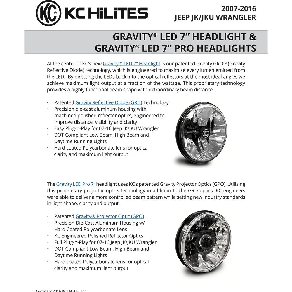 KC HiLiTES 07-18 Jeep JK 7in. Gravity LED Pro DOT Approved Replacement Headlight (Single)
