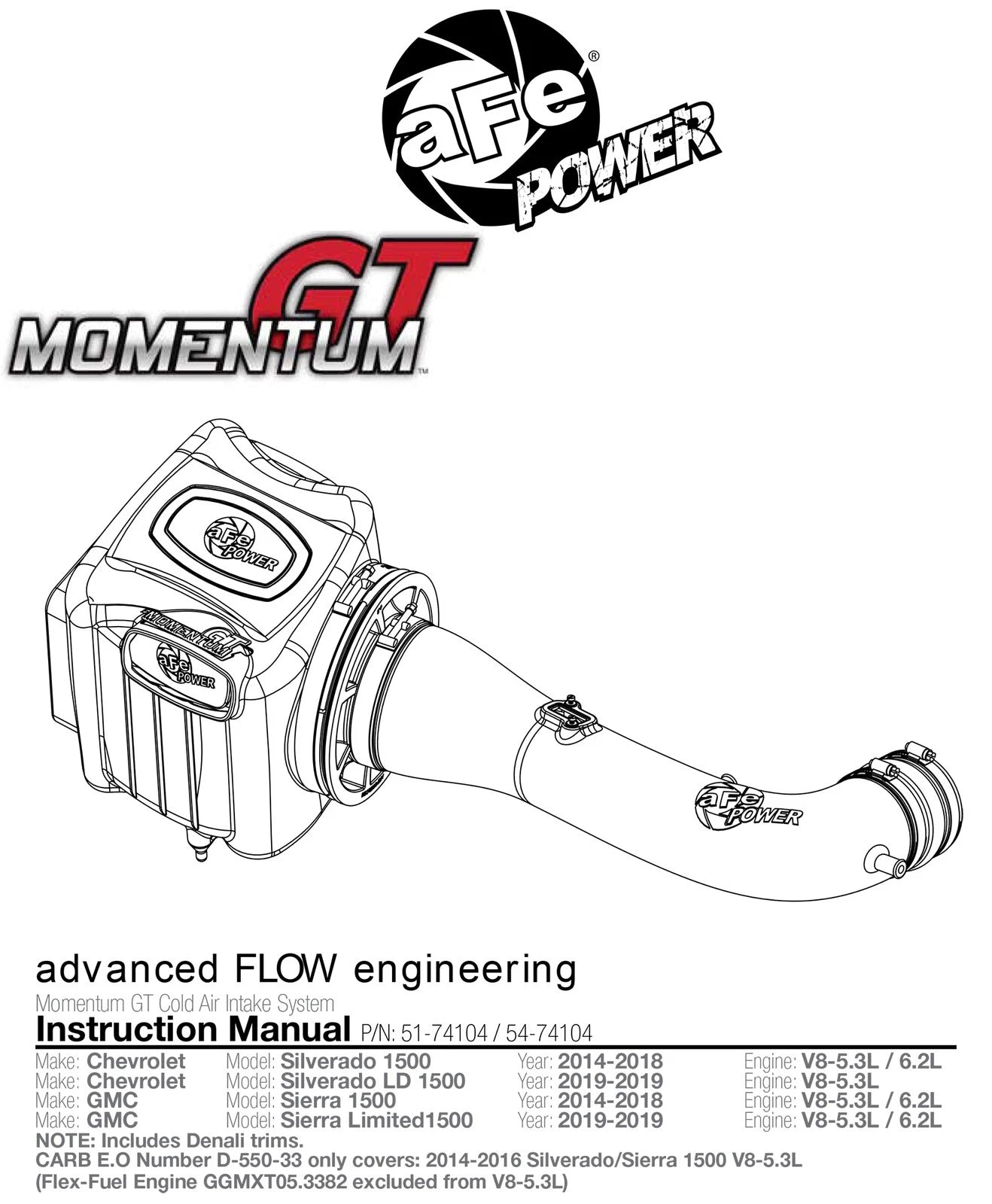 aFe Momentum GT PRO 5R Stage-2 SI Intake System 14-17 GM Silverado/Sierra 1500 5.3L/6.2L