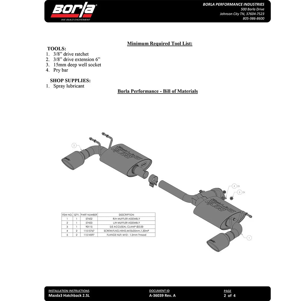 Borla 19-21 Mazda 3 2.0L/2.5L S-Type Rear Section