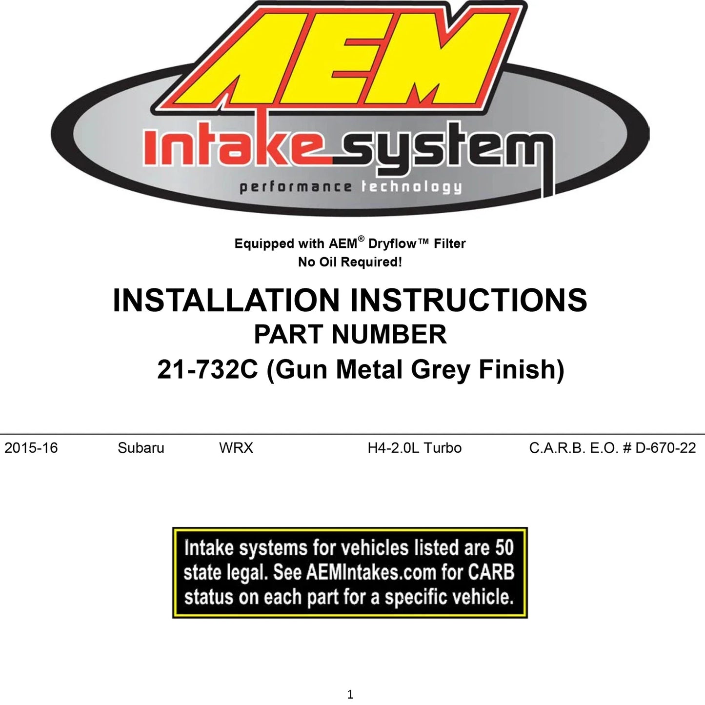 AEM 2015 Subaru WRX 2.0L H4 F/I - Cold Air Intake System