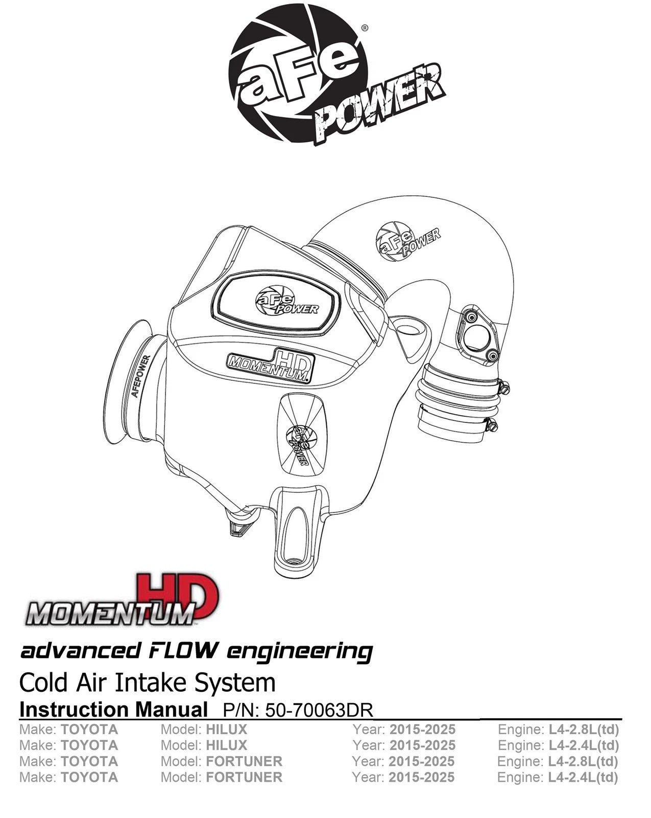 aFe 15-25 Toyota Hilux L4-2.4/2.8L (td) Momentum HD Cold Air Intake System Red w/ Pro DRY S Filter