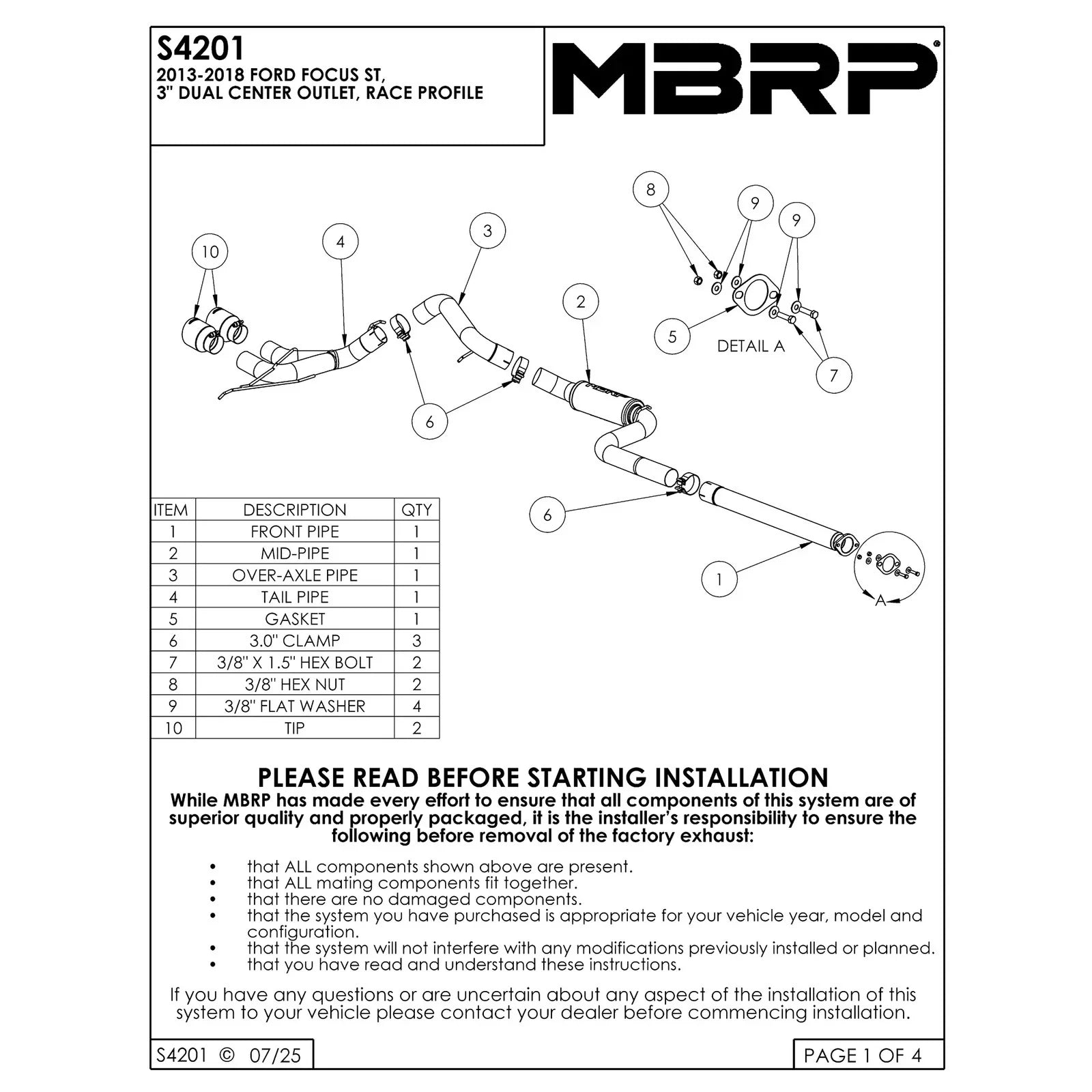 MBRP 13-18 Ford Focus ST 2.0L EcoBoost 3in Cat-Back Dual Outlet - AL