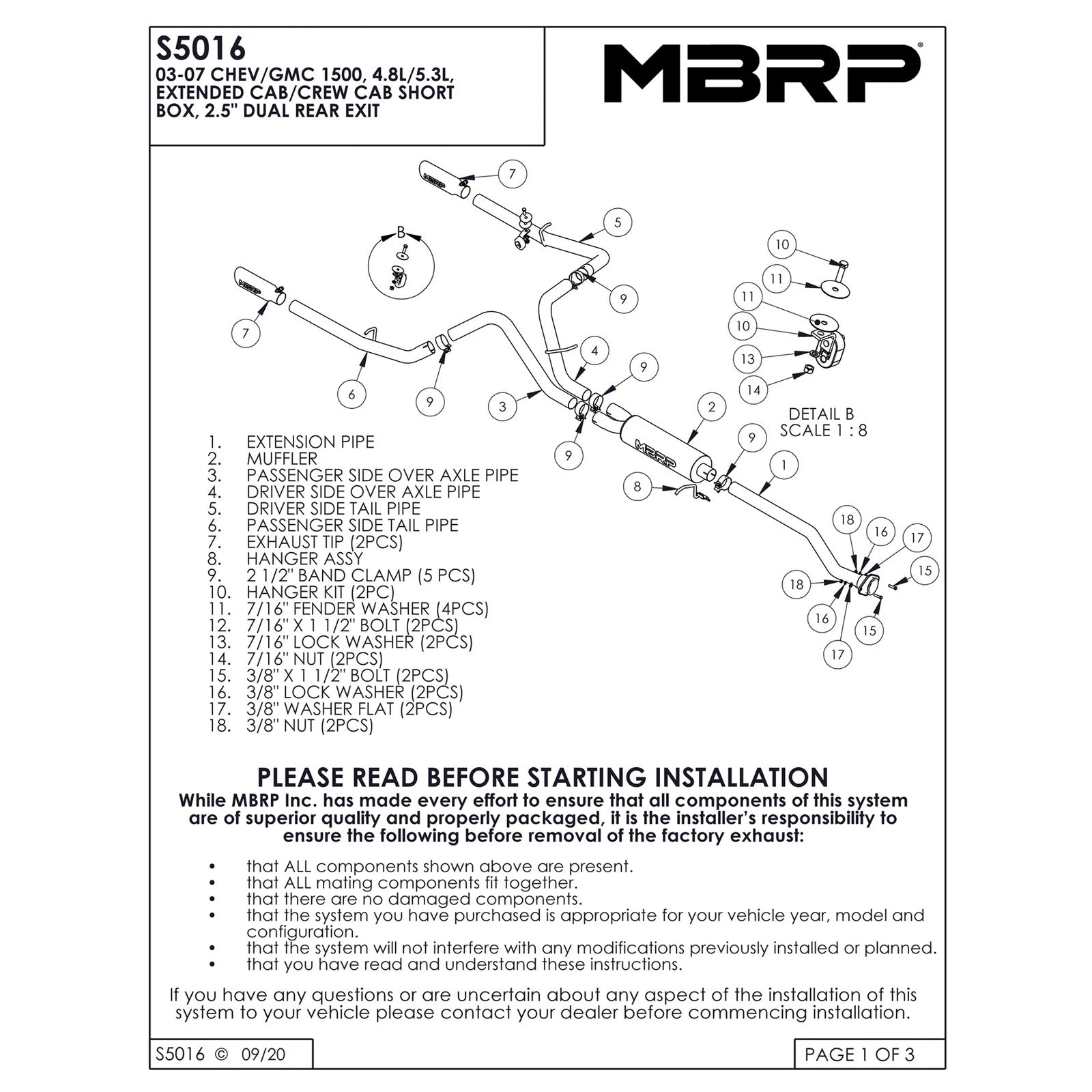 MBRP 2003-2007 Chev/GMC 1500 Classic 4.8/5.3L EC/CC-SB Cat Back Dual Split Rear
