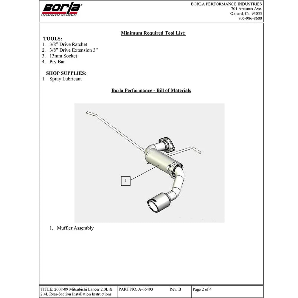 Borla 08-11 Mitsubishi Lancer DE/ES/GTS SS Exhaust (rear section only)