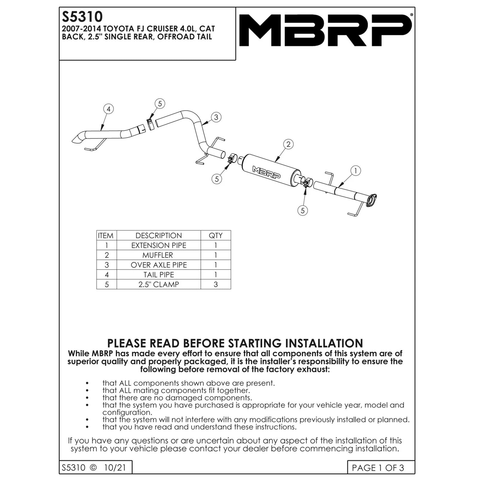 MBRP 2007-2009 Toyota FJ 4.0L V6 Cat Back Single Rear Exit Off-Road Tail No tip