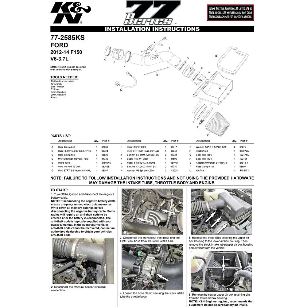 K&N 12-13 Ford F150 3.7L V6 Black High-Flow Performance Intake