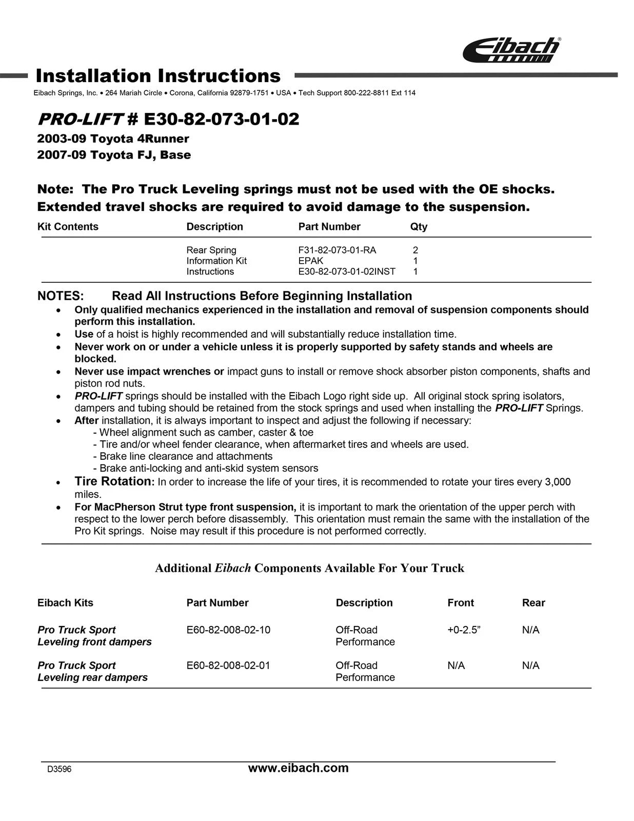Eibach Pro-Truck Lift Kit for 03-09 Toyota 4Runner (Must Be Used w/Pro-Truck Rear Shocks)