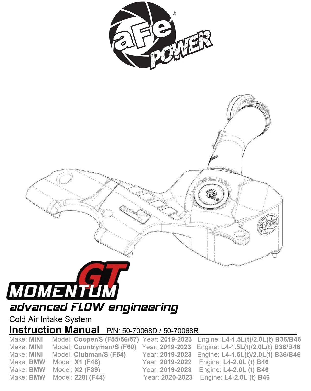 aFe 19-21 Mini Cooper S (F56) B46 L4 2L (t)Momentum GT Cold Air Intake System w/ Pro DRY S Filter