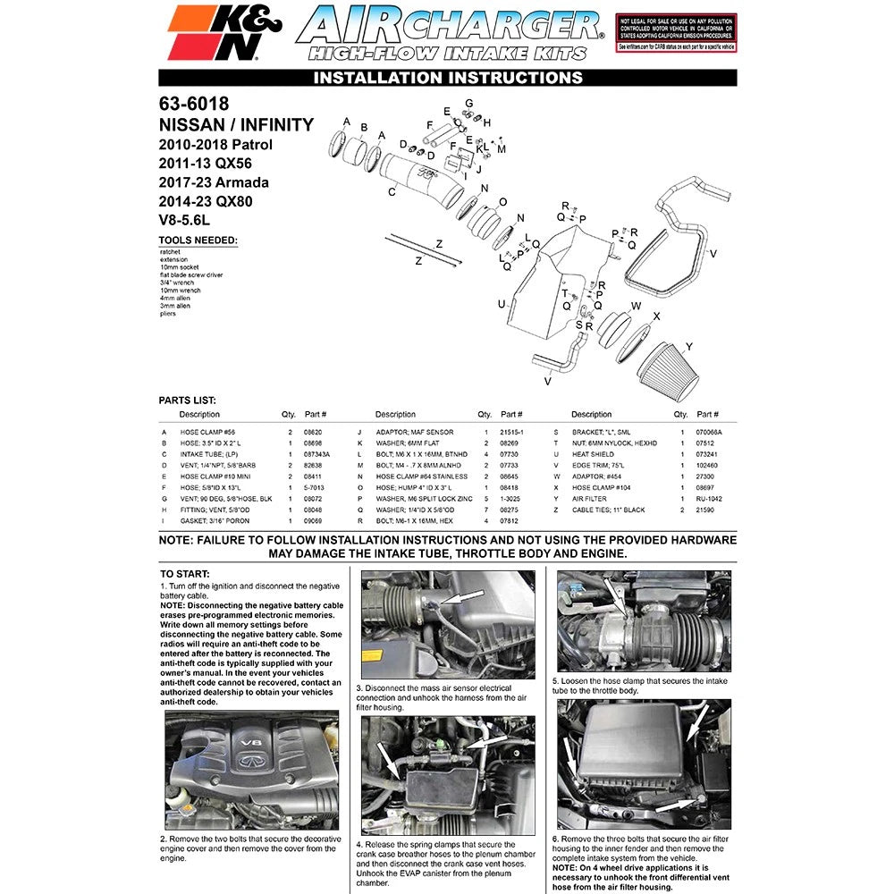 K&N 2017 Nissan Armada V8 5.6L AirCharger Performance Air Intake