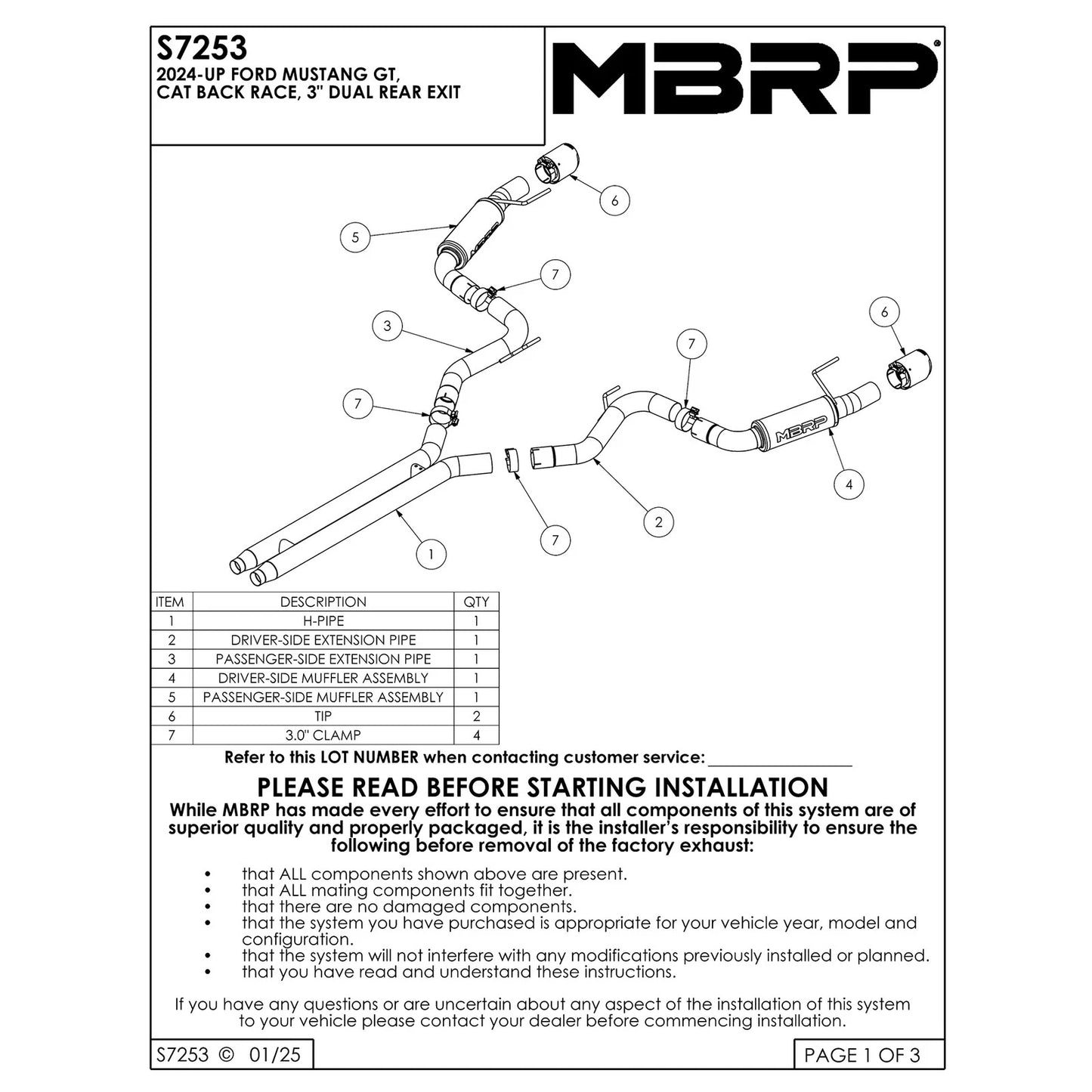 MBRP 2024 Ford Mustang GT S650, 5.0L 3in Dual Split Rear Aluminized Steel