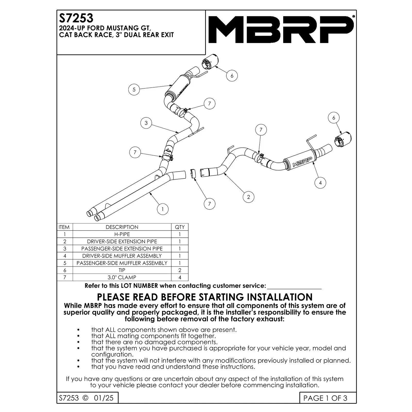 MBRP 2024 Ford Mustang GT S650, 5.0L 3in Dual Split Rear Aluminized Steel