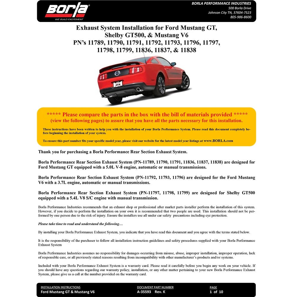 Borla 13-14 Mustang GT/Boss 302 5.0L V8 RWD Single Split Rr Exit Touring Exhaust (rear section only)