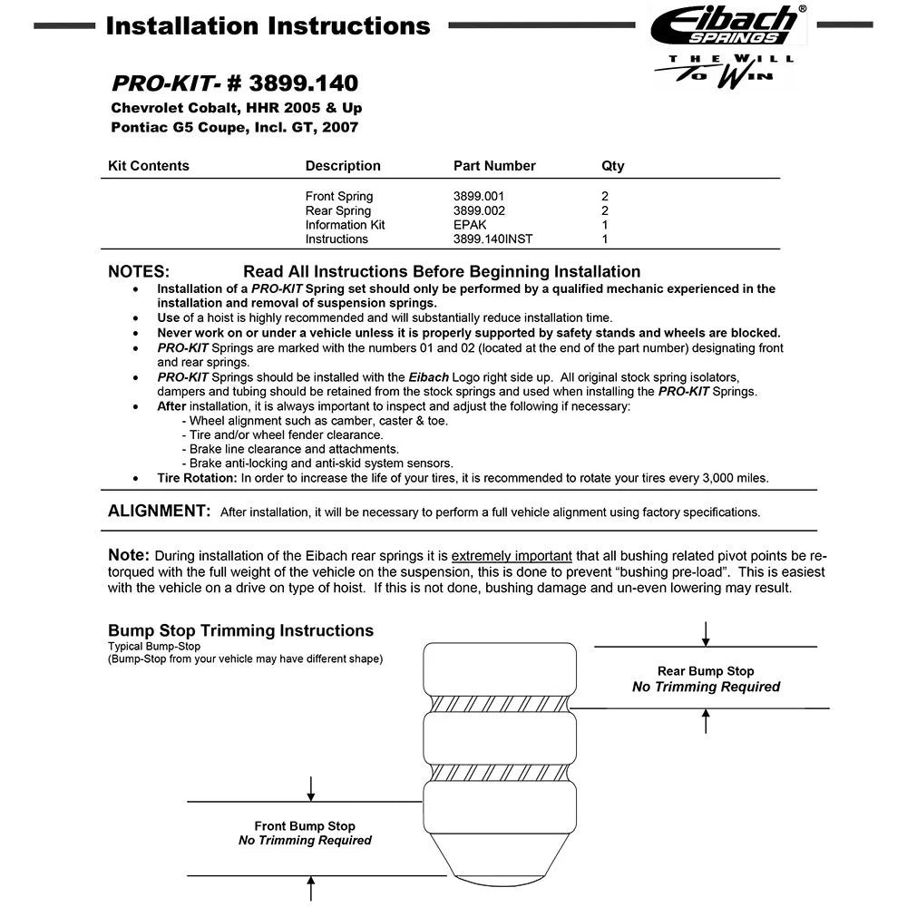 Eibach Pro-Kit for 05-09 Chevy Cobalt & Cobalt SS / 06-08 Chevy HHR / 07-08 Pontiac G5 2 door (Inc.