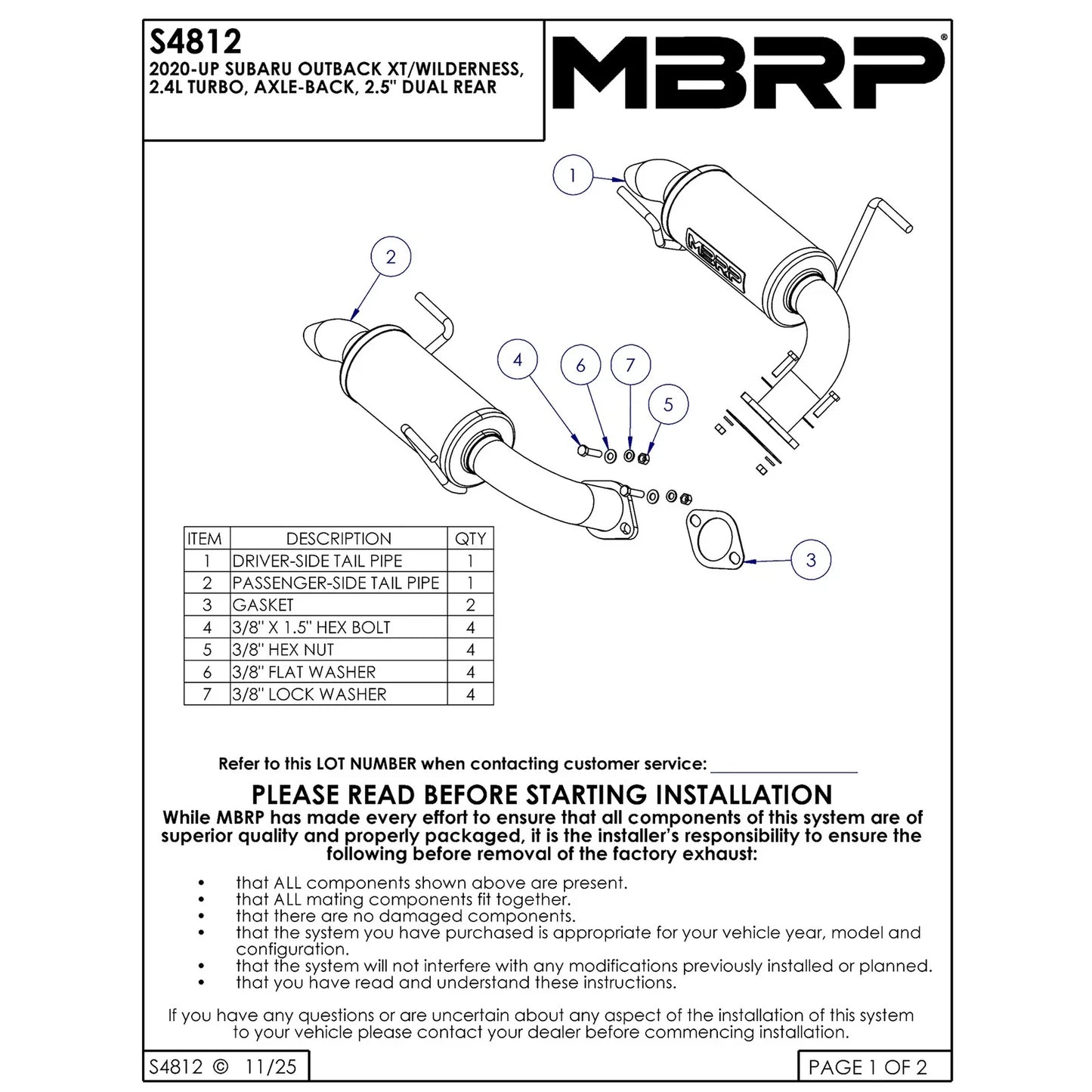 MBRP 20-23 Subaru Outback XT/ Wilderness 2.4L Turbo T304 SS 2.5in Dual Axle-Back Exhaust System