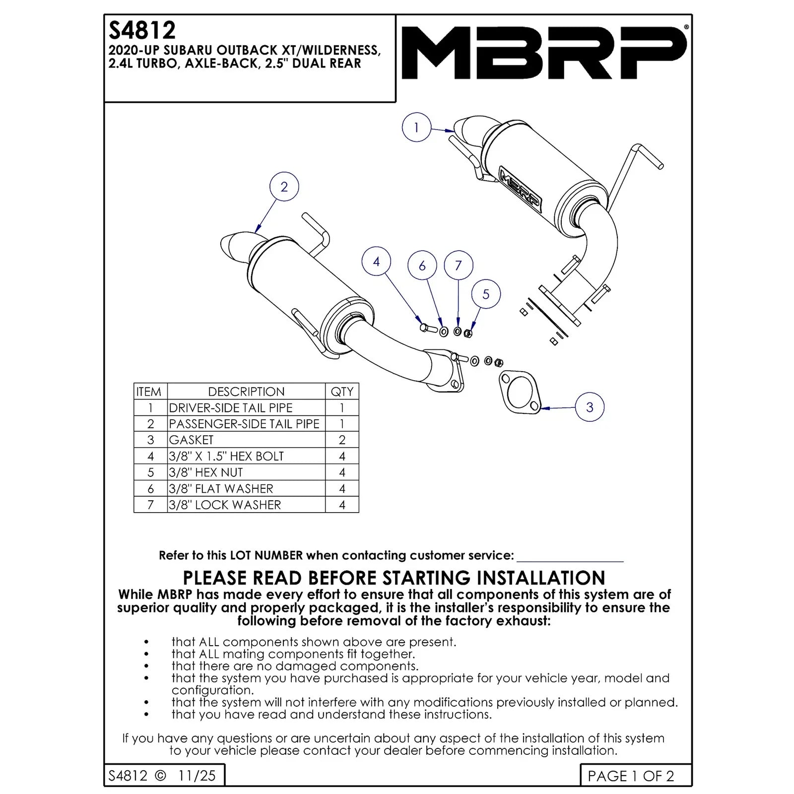 MBRP 20-23 Subaru Outback XT/ Wilderness 2.4L Turbo T304 SS 2.5in Dual Axle-Back Exhaust System