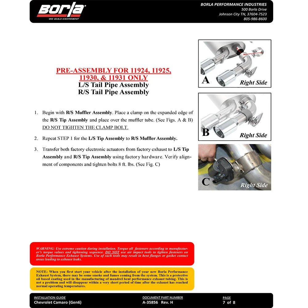 Borla 16 Chevy Camaro SS 6.2L w/ Dual NPP Atak Quad RD RL Tips Dual Exit Rear Section Exhaust