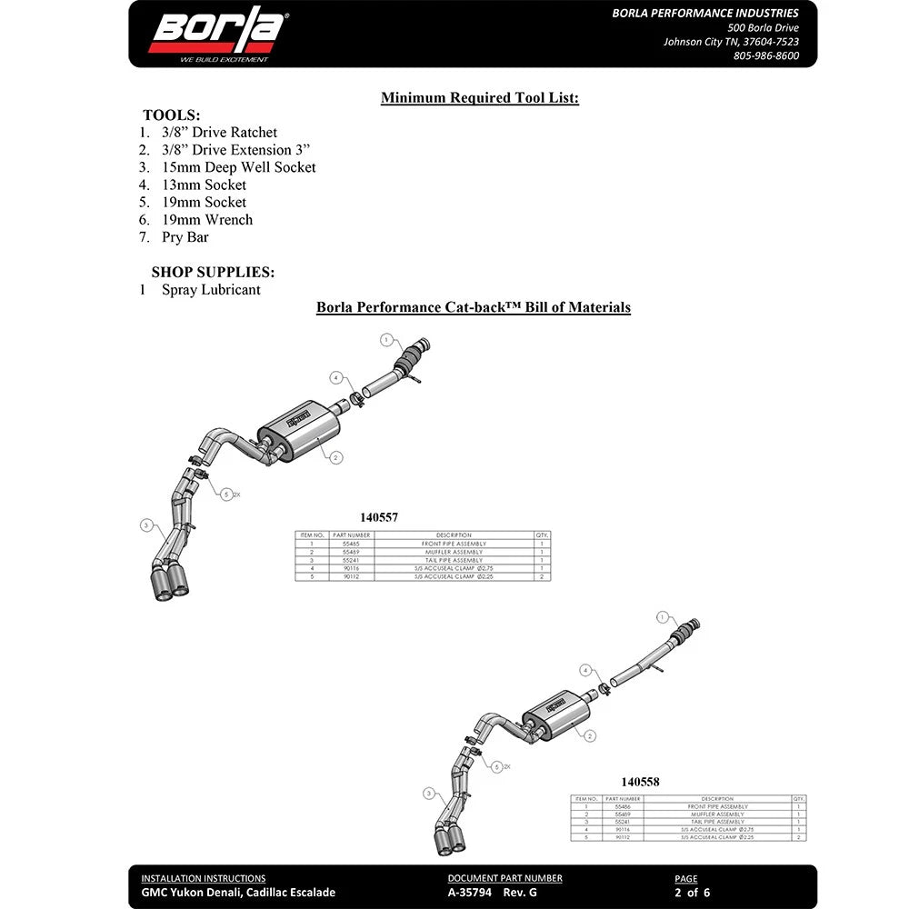 Borla Touring Cat Back 15-16 Chevy Tahoe 5.3L V8 2.75in, 2.25in Dual Same Side Exit 4in Tips