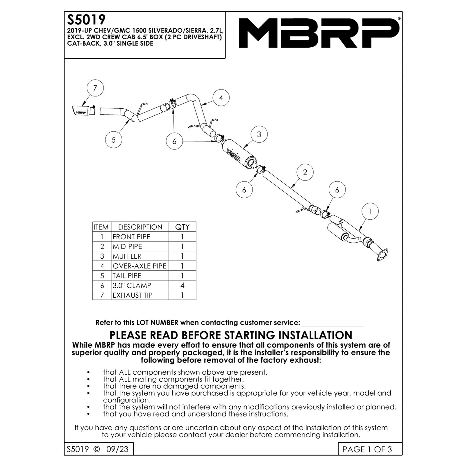 MBRP 19-24 GM 1500 Silverado/Sierra 2.7L Blk-Coated Alum. Steel 3in Cat-Back Single Side 4in Blk Tip