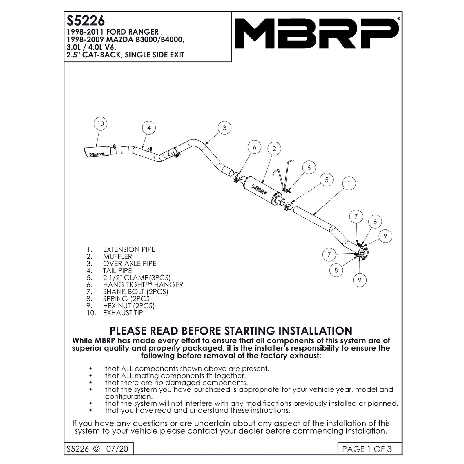 MBRP 98-11 Ford Ranger 3.0/4.0L Cat Back Single Side T409 Exhaust