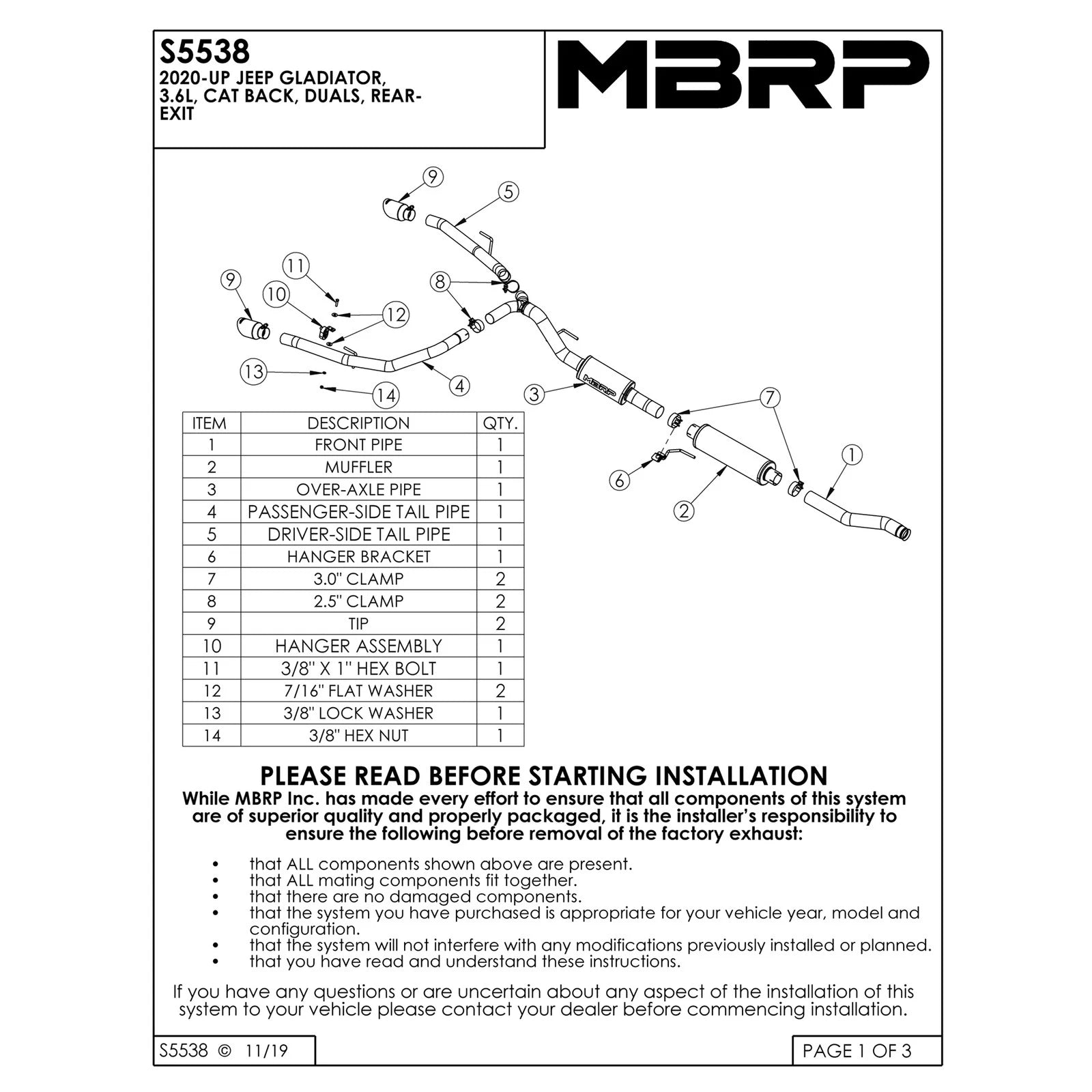 MBRP 2020 Jeep Gladiator 3.6L 2.5in Dual Rear Exit Cat Back Exhaust 304