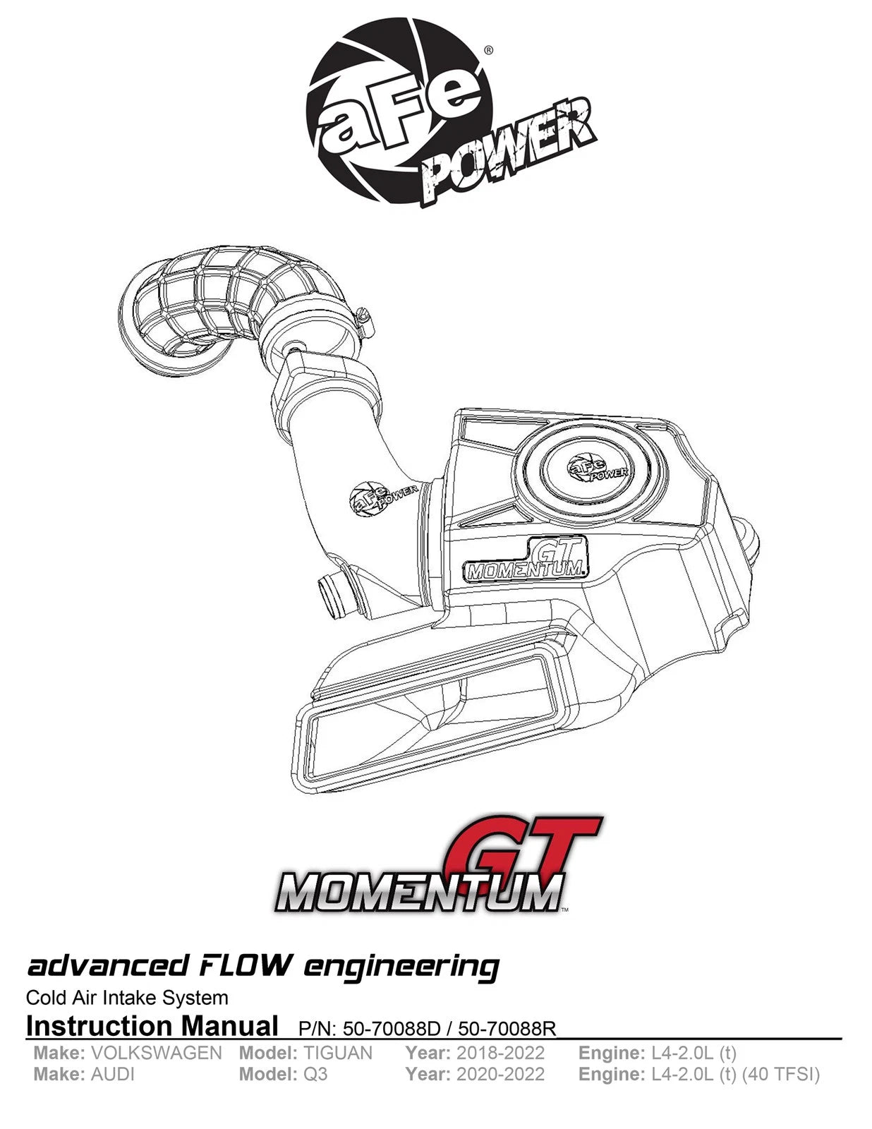 aFe Momentum GT Pro DRY S Cold Air Intake System 18-21 Volkswagen Tiguan L4-2.0L (t)