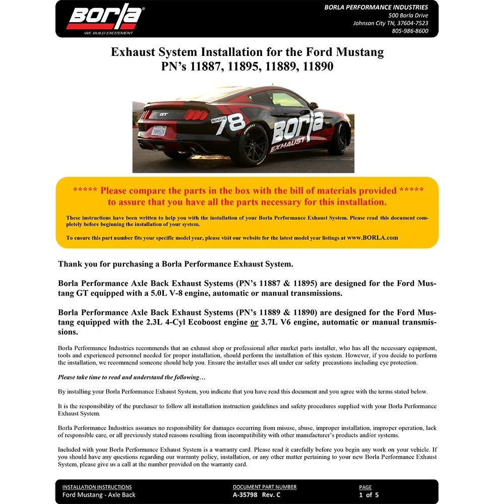 Borla Atak S Rear Section 15-17 Ford Mustang GT 5.0L V8 MT/AT 2.5in pipe 4in tip (Black Chrome)