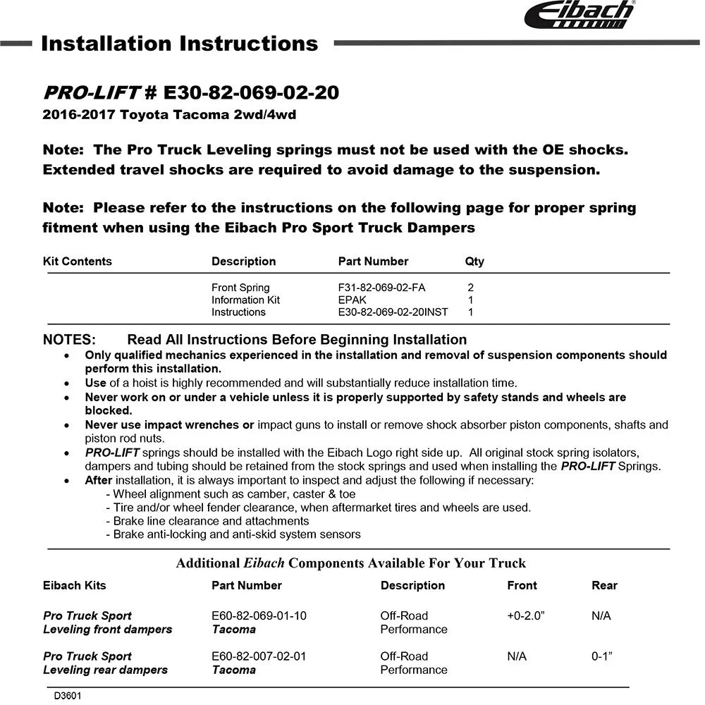 Eibach Pro-Truck Lift Kit for 2016+ Toyota Tacoma (Must Be Used w/Pro-Truck Front Shocks)