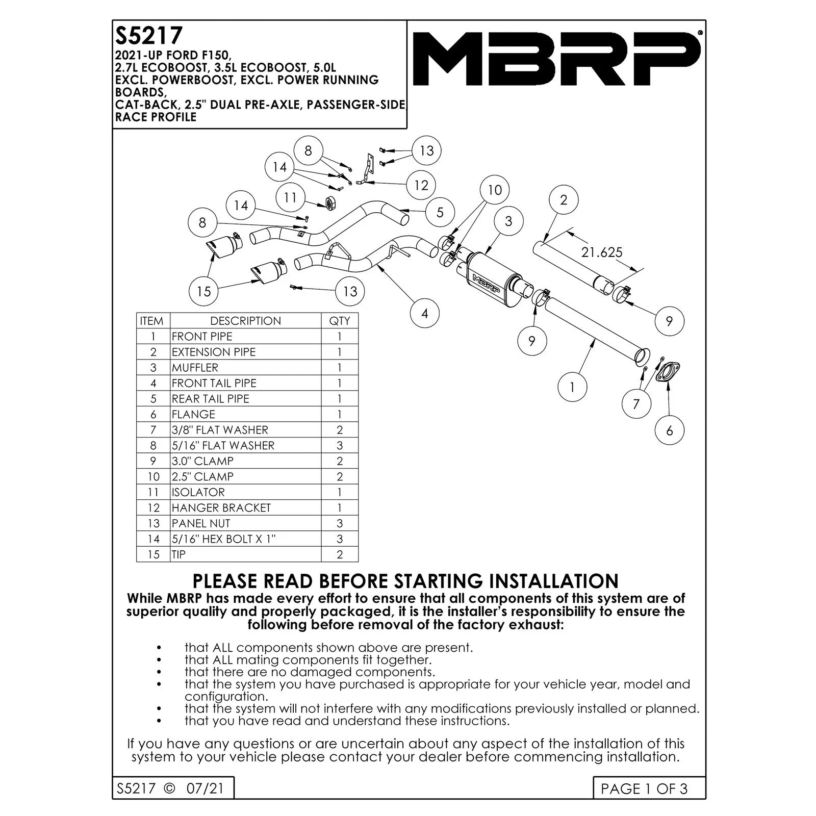 MBRP 2021 Ford F-150 2.7L EcoBoost / 3.5L EcoBoost / 5.0L 3in Cat Back Single Side Exit T304