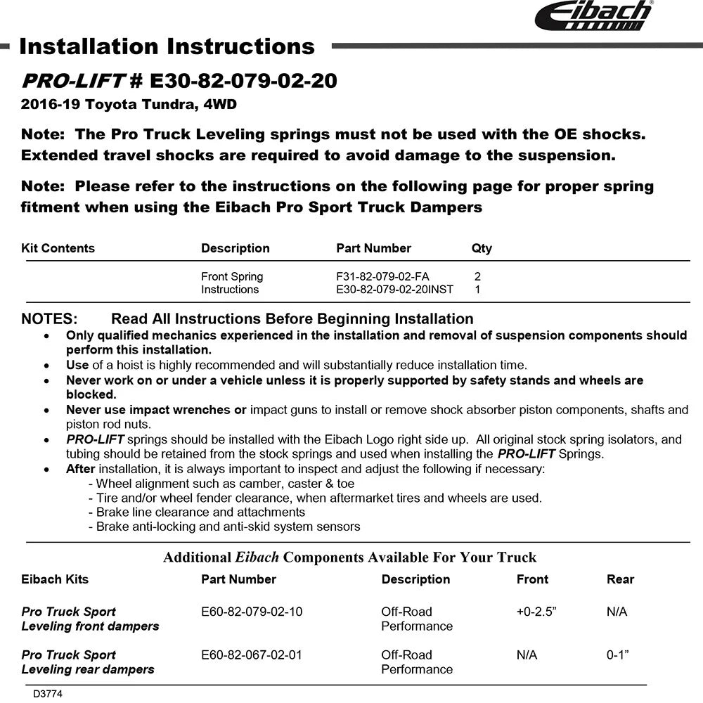 Eibach Pro-Truck Lift Kit 16-20 Toyota Tundra Springs (Front Springs Only)