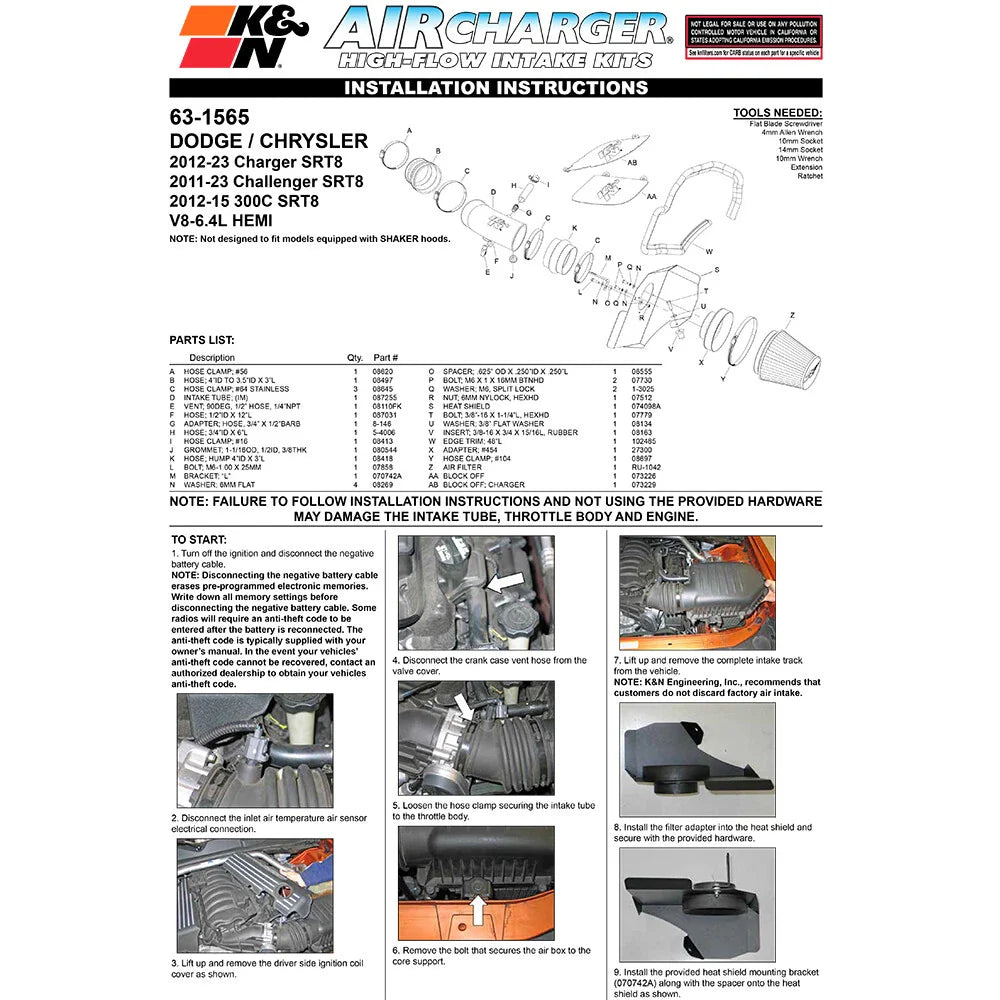 K&N 11-12 Dodge Challenger / 12 Chrysler 300 / 12 Dodge Charger 6.4L V8 AirCharger Perf Intake Kit