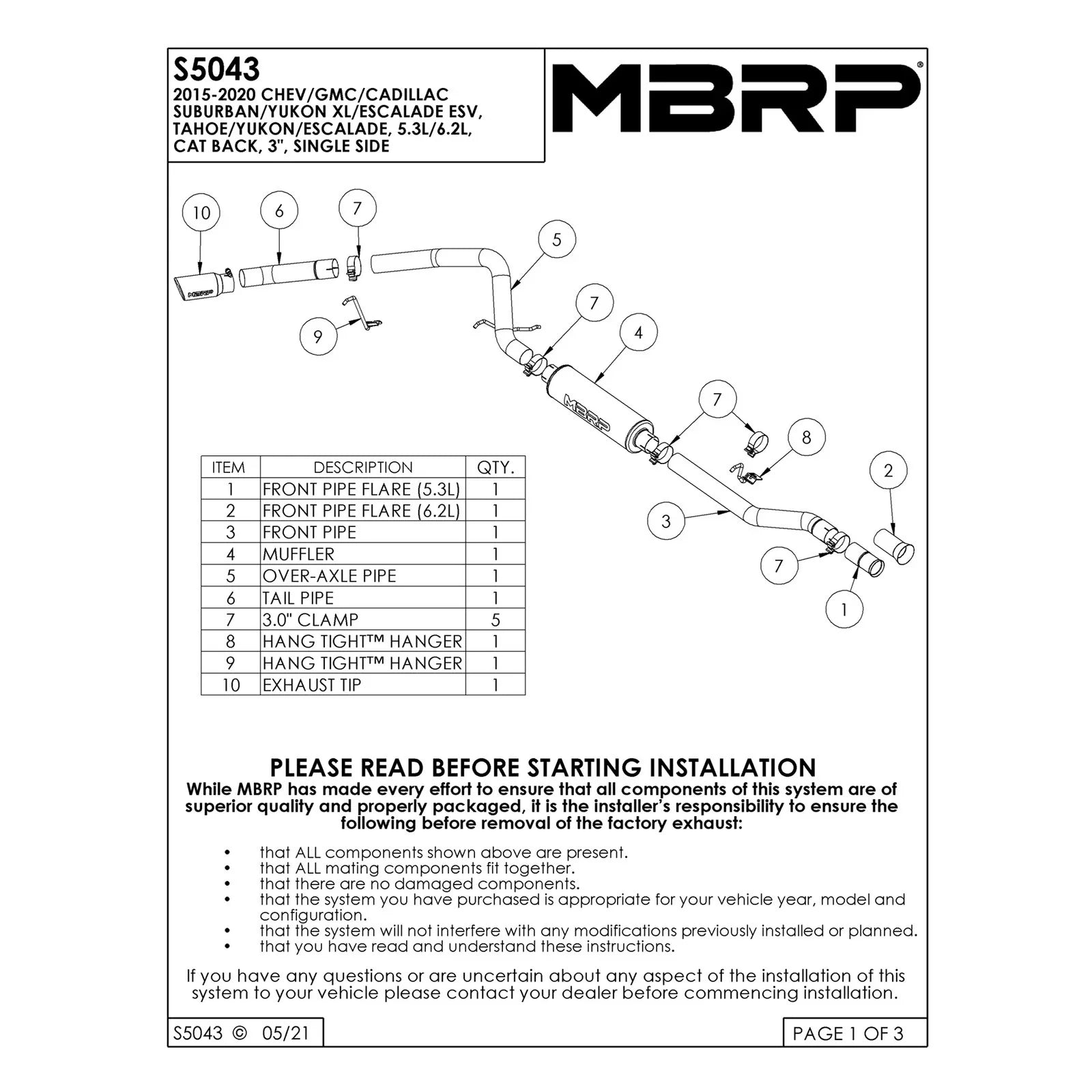 MBRP 15-20 GM Tahoe/Suburban/Yukon/Yukon XL/Escalade Aluminized Steel 3in. Cat Back -Single Side