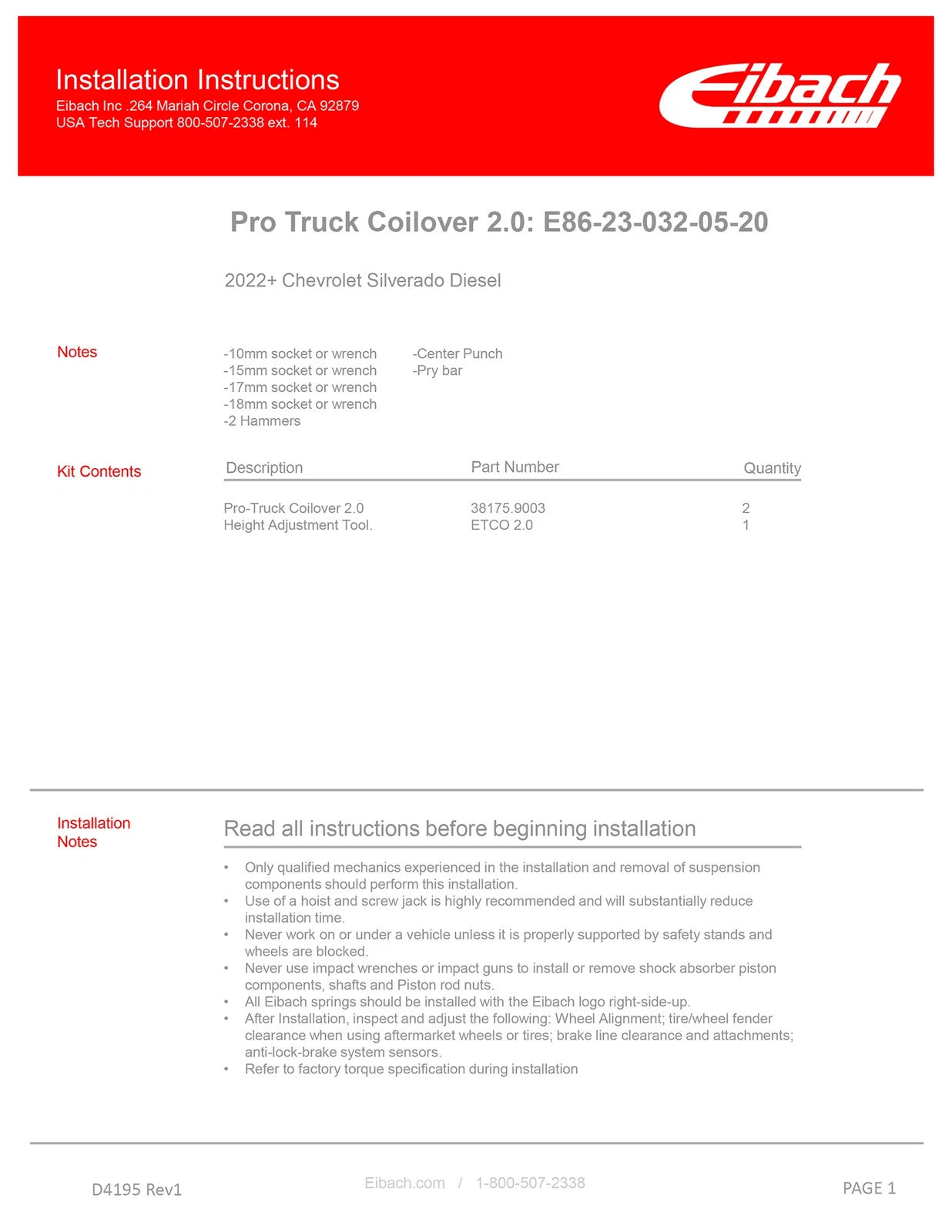 Eibach 22-23 GM 1500/Diesel Truck Pro-Truck Stage 2 Pro Coilover 2.0 System
