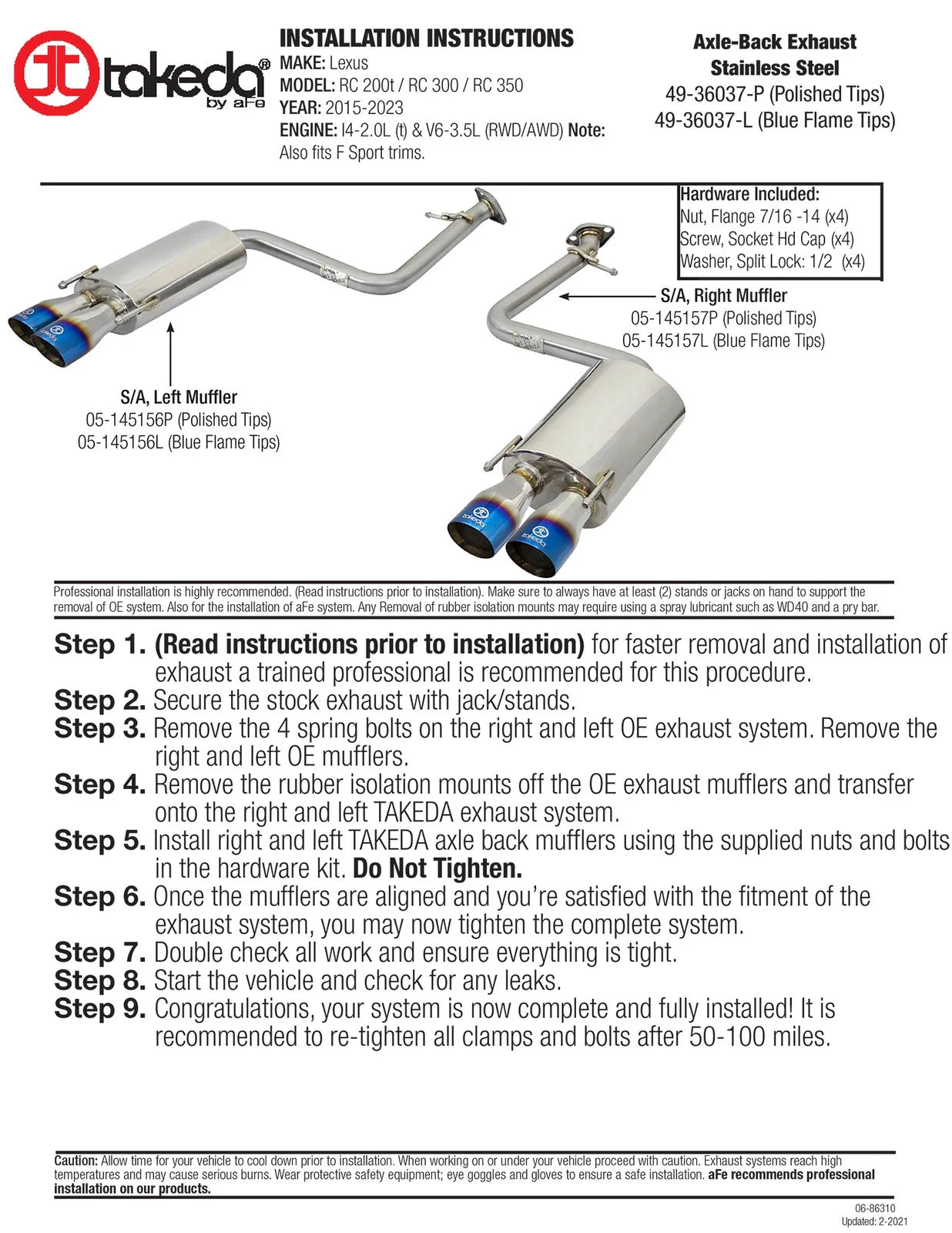 aFe Takeda 16-17 Lexus RC 200T 2.0L (t) 2in. SS Axle-Back Exhaust System w/Polished Blue Tips
