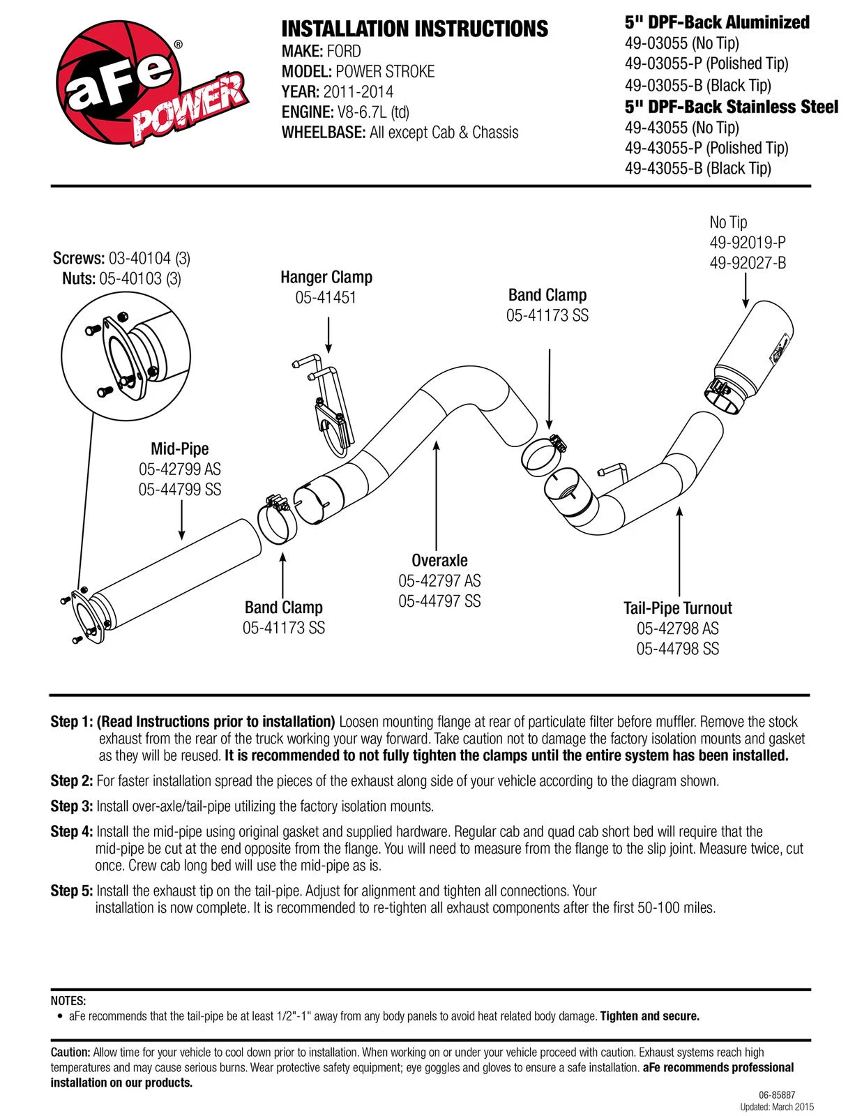 aFe Atlas 5in DPF-Back Aluminized Steel Exh Sys, Ford Diesel Trucks 11-14 v8-6.7L (td) No tip