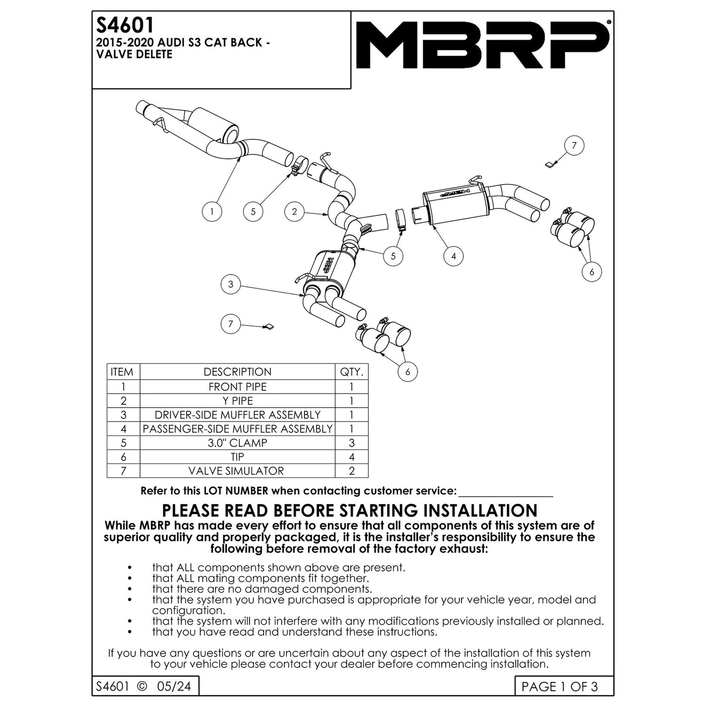 MBRP 15-18 Audi S3 SS 3in Quad Split Rear Exit w/ Carbon Fiber Tips - T304