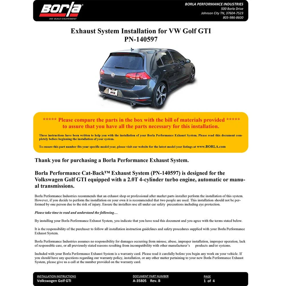 Borla 2015 VW GTI 2.0T AT/MT SS Catback Exhaust