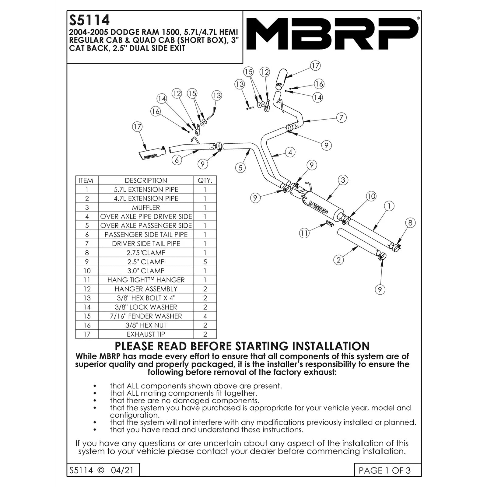 MBRP 2004-2005 Dodge Ram Hemi 1500 5.7L SC/CC-SB Cat Back Dual Split Side