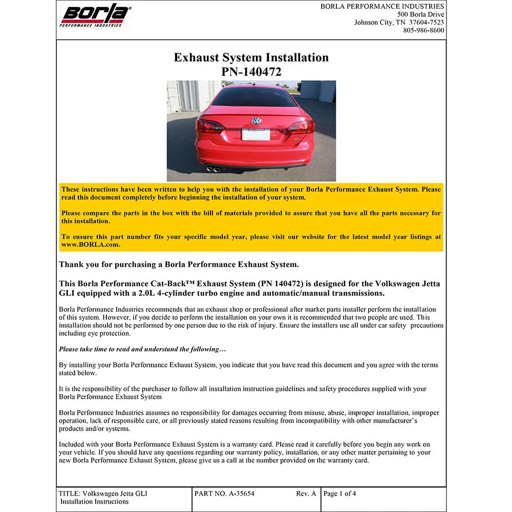 Borla 12 Volkswagen Jetta GLI Sedan 2.0L 4cyl SS Catback Exhaust
