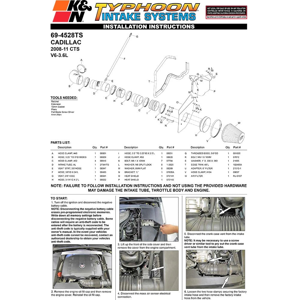 K&N 08-11 Typhoon, Cadillac CTS 3.6L,  3.6L  69 Series Typhoon Perf Intake Kit