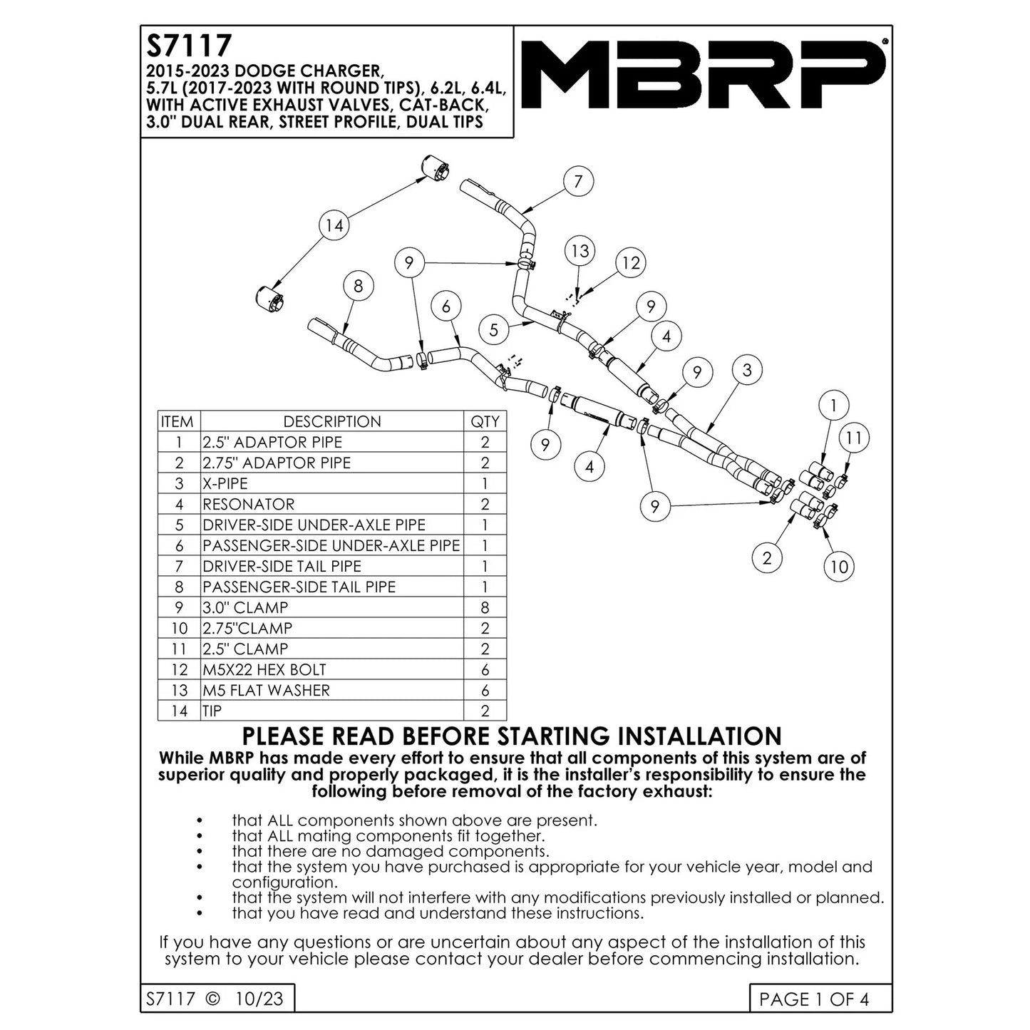 MBRP 17-21 Charger 5.7/6.1/6.4L 3in Dual Rear Exit SS Catback Exhaust w/ Carbon Fiber Tips