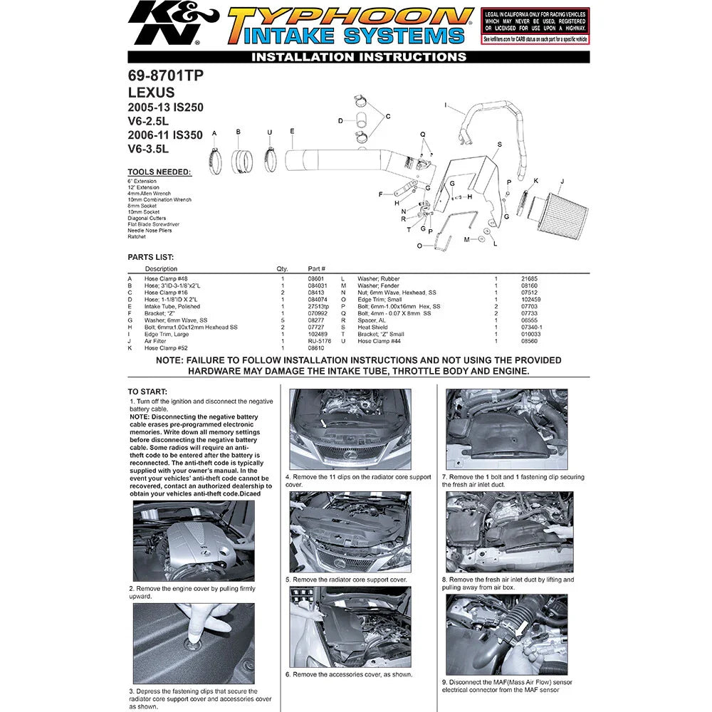 K&N 06 Lexus IS350 V6-3.5L Polished Typhoon Intake