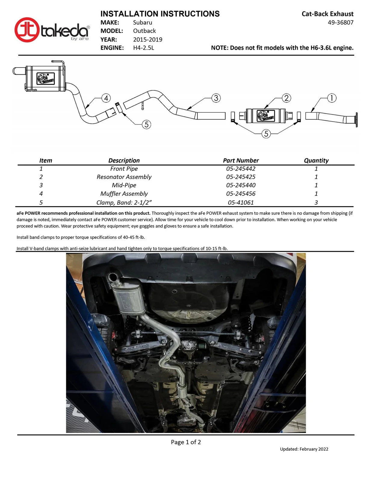 aFe 15-19 Subaru Outback H4 2.5L Takeda 2.5in 304 SS Cat-Back Exhaust